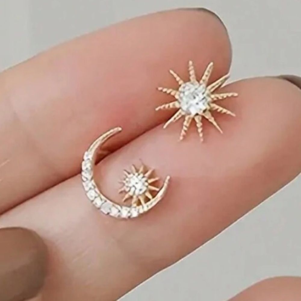 3for$20 Golden Sun Moon Design With Shiny  Decor Asymmetric Earrings